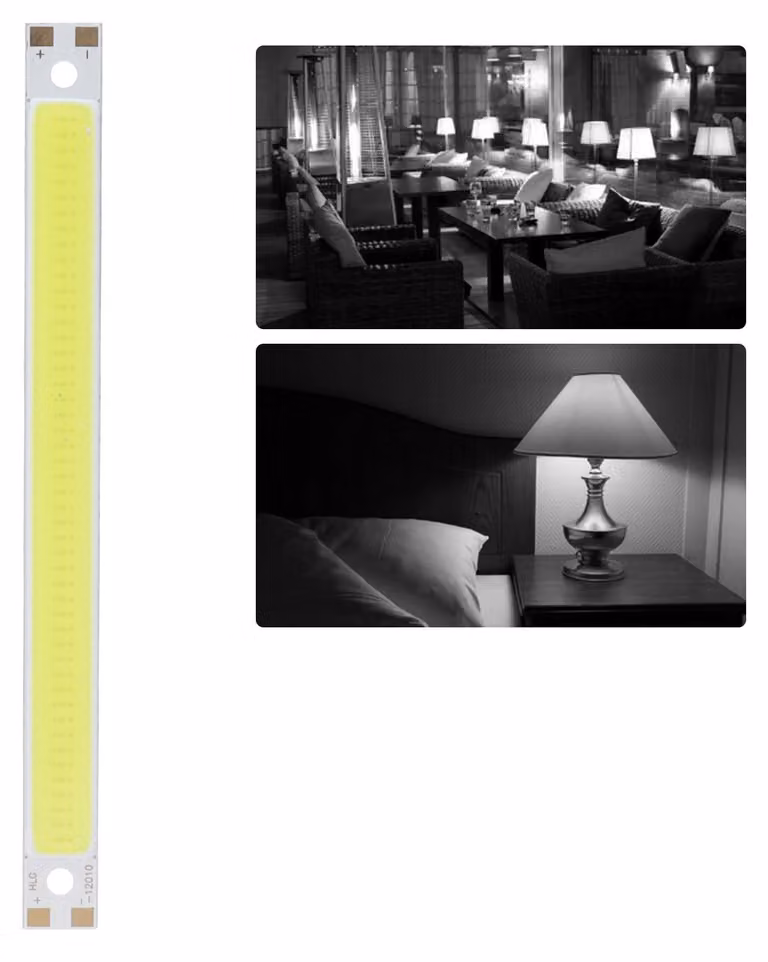 Pannello luminoso a LED, temperatura di colore da 3000 a 6500 K, tensione 12-14 V, potenza 10 W, sorgente COB integrata, flusso luminoso 1000 lm, dimensioni 120 x 10 mm, luce bianca pura