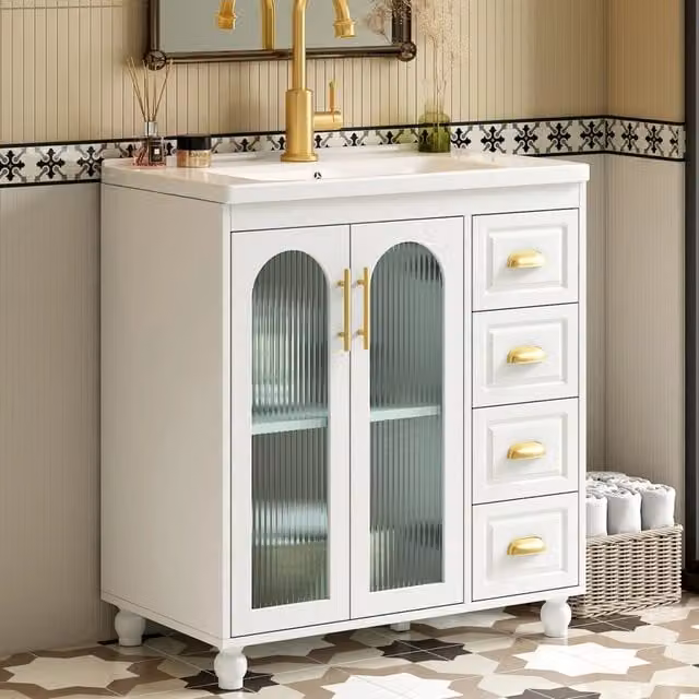 Mobile sottolavabo per bagno moderno bianco con lavabo in porcellana, 2 ante in vetro e 3 cassetti, Larghezza: 80 cm