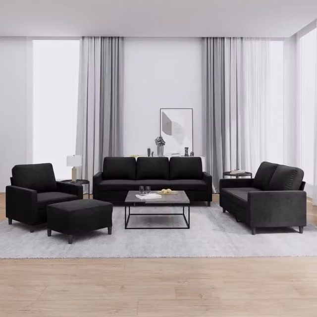 Set di divani 4 pezzi vidaXL in velluto nero con pouf e cuscini per soggiorno moderno – 1
