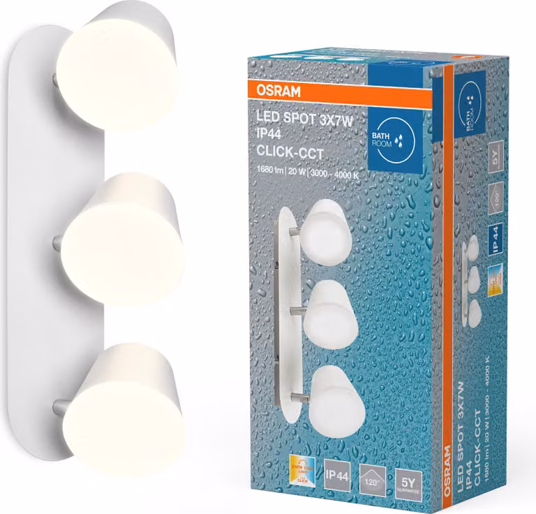 OSRAM LED a 3 spot per parete/soffitto del bagno con Click-CCT in alluminio bianco, temperatura di colore regolabile tramite interruttore a parete, protezione IP44, luce a plafone per interni