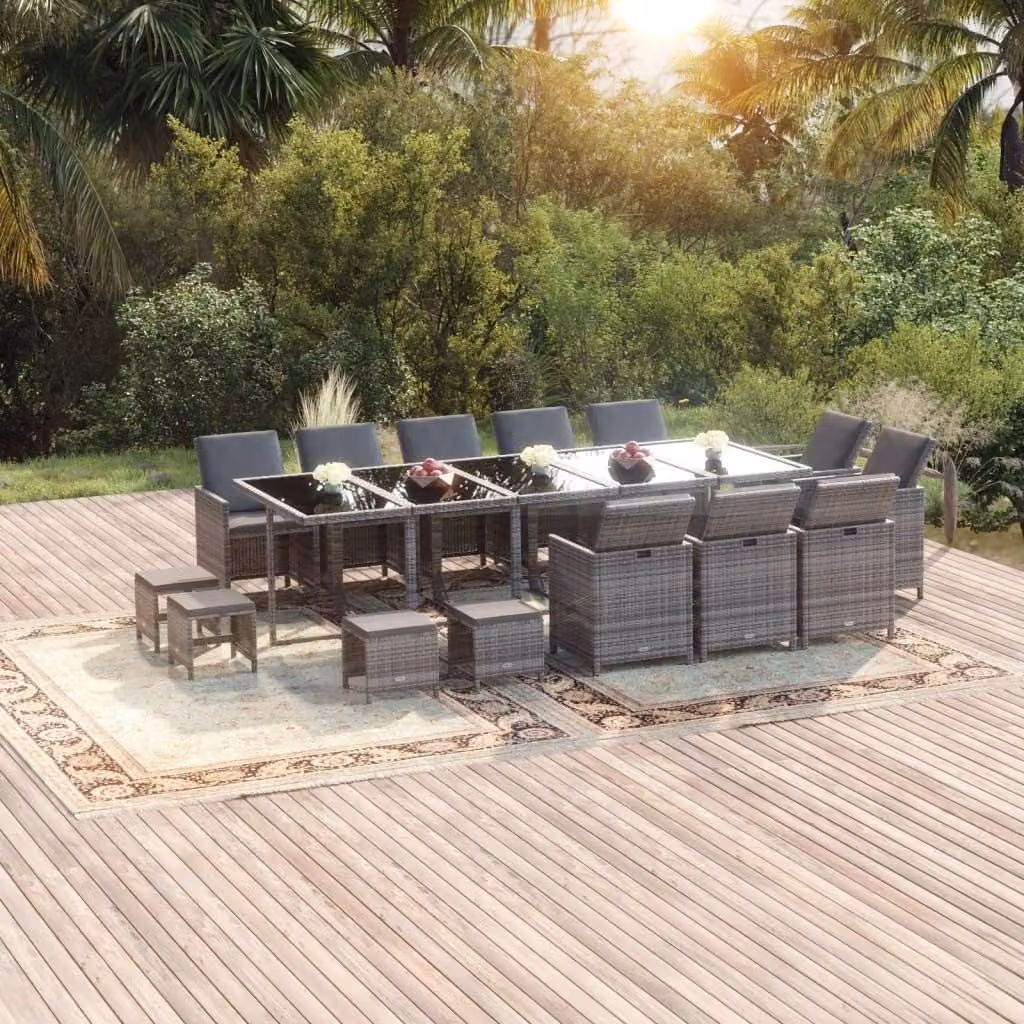 The Living Store Set da pranzo da giardino da 15 pezzi con cuscini in poly rattan grigio