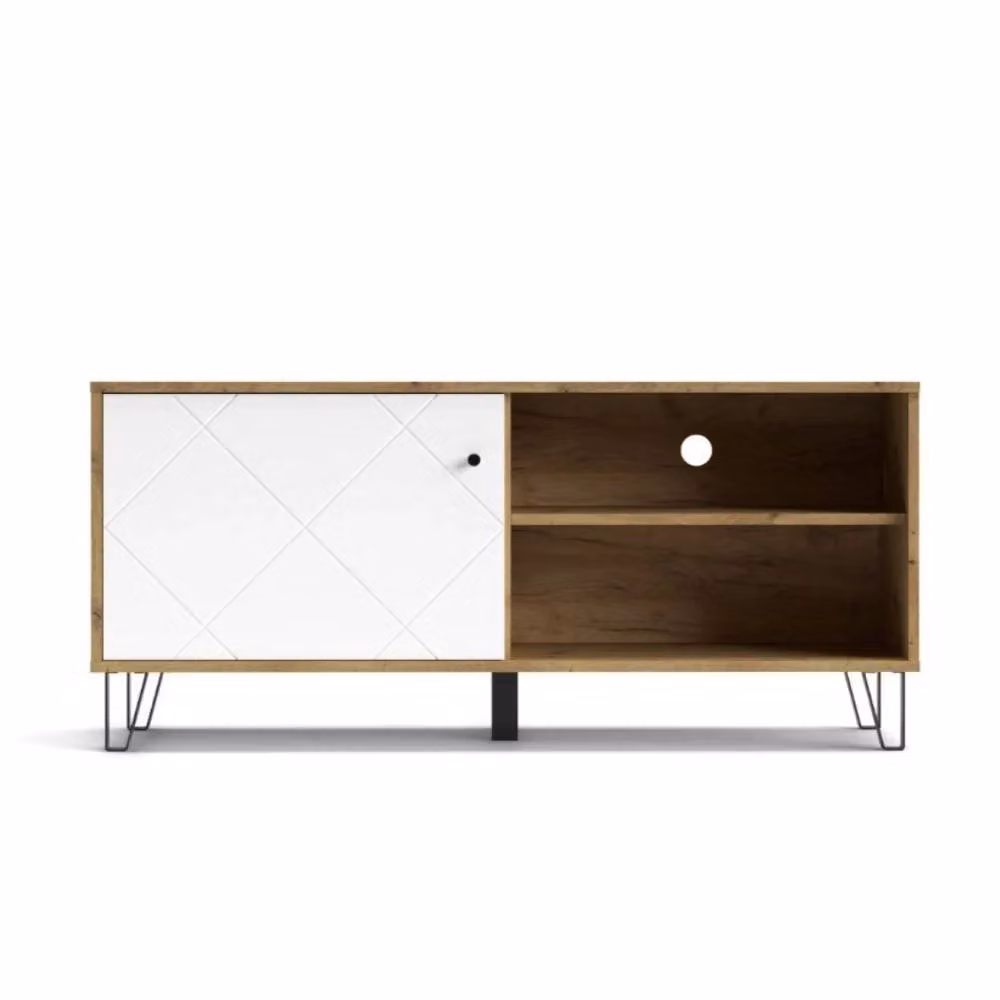 Mobile porta TV moderno Veriaffari BolloBO01B con 1 anta e vano a giorno, colore rovere bianco, L 123 cm x P 40 cm x H 55 cm – 2