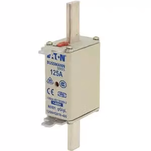 Inserto fusibile Eaton, bassa tensione, 125 A, CA 400 V, 120 kA, NH01, gL/gG, IEC, doppio indicatore di stato, linguetta di azionamento sotto tensione 125NHG01B-400