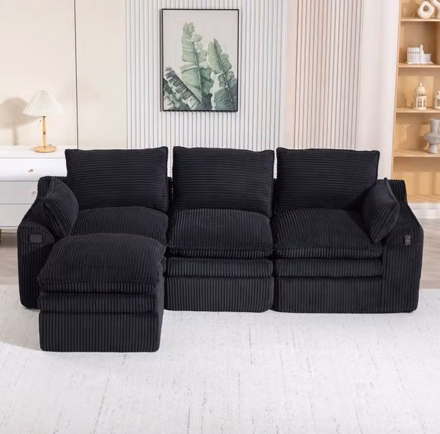 Divano modulare 3 posti con pouf in velluto a coste nero 263x167 cm HOMVRA