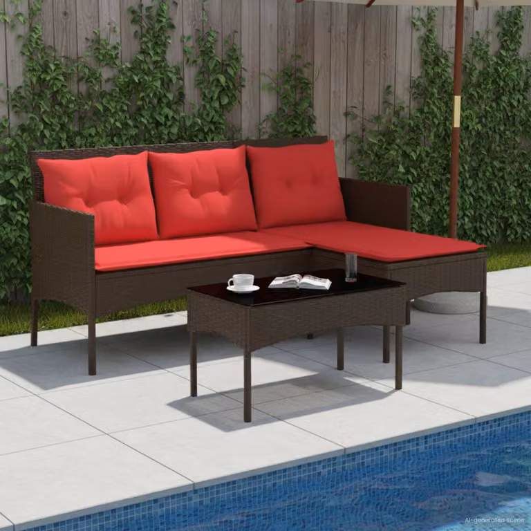 Set Divano da Giardino vidaXL a Forma di L con Tavolino e Cuscini, Colore Marrone e Rosso