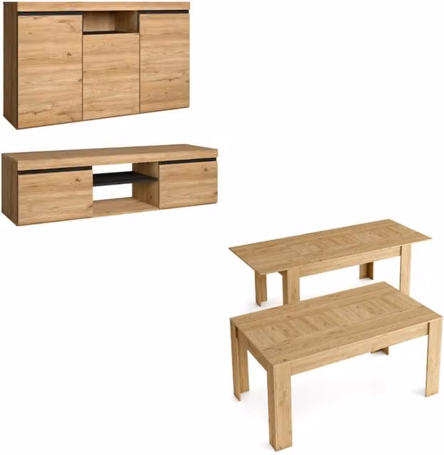 Set Naturale Sala da pranzo, mobili per sala da pranzo, Credenza-mobile tv 140cm-tavolo allungabile colore rovere e nero