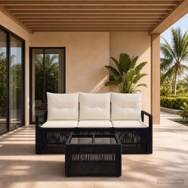 Set Divano da Giardino vidaXL 4 Pezzi Nero con Cuscini e Tavolino da Esterno in Polyrattan e Metallo – 1
