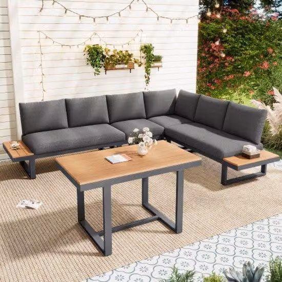 Set di mobili da giardino, modello ad angolo, con funzione di inclinazione regolabile (5 posizioni, fino a 55°), struttura in tubi d'acciaio zincato, tavolo in plastica effetto legno, con area pranzo, colore grigio e nero