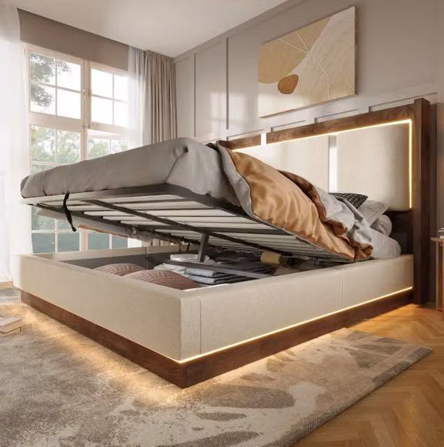 Letto matrimoniale 140x200 con contenitore idraulico, LED, rete e testiera imbottita beige