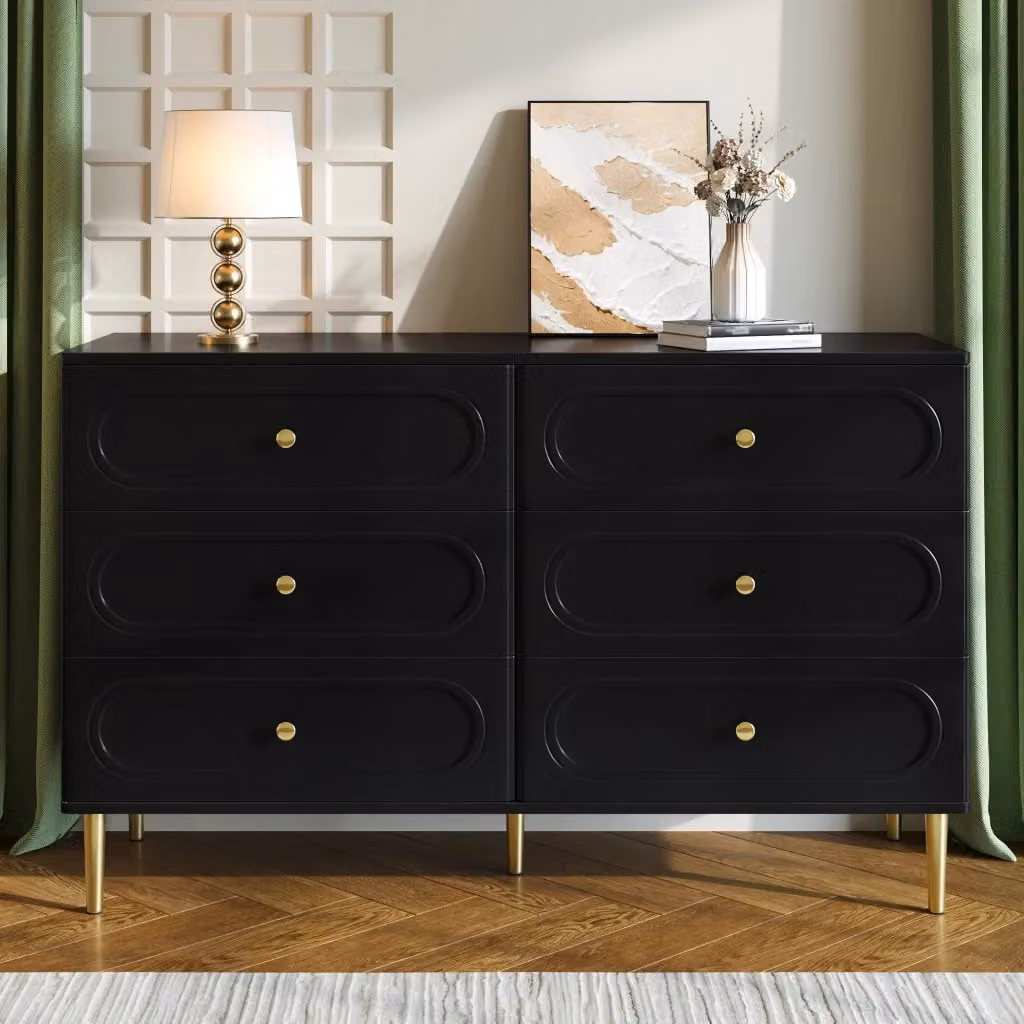 Credenza OKWISH moderna con 6 cassetti e piedi in metallo, design geometrico nero opaco per soggiorno, camera da letto o ingresso, L 120 x P 40 x H 75 cm – 2