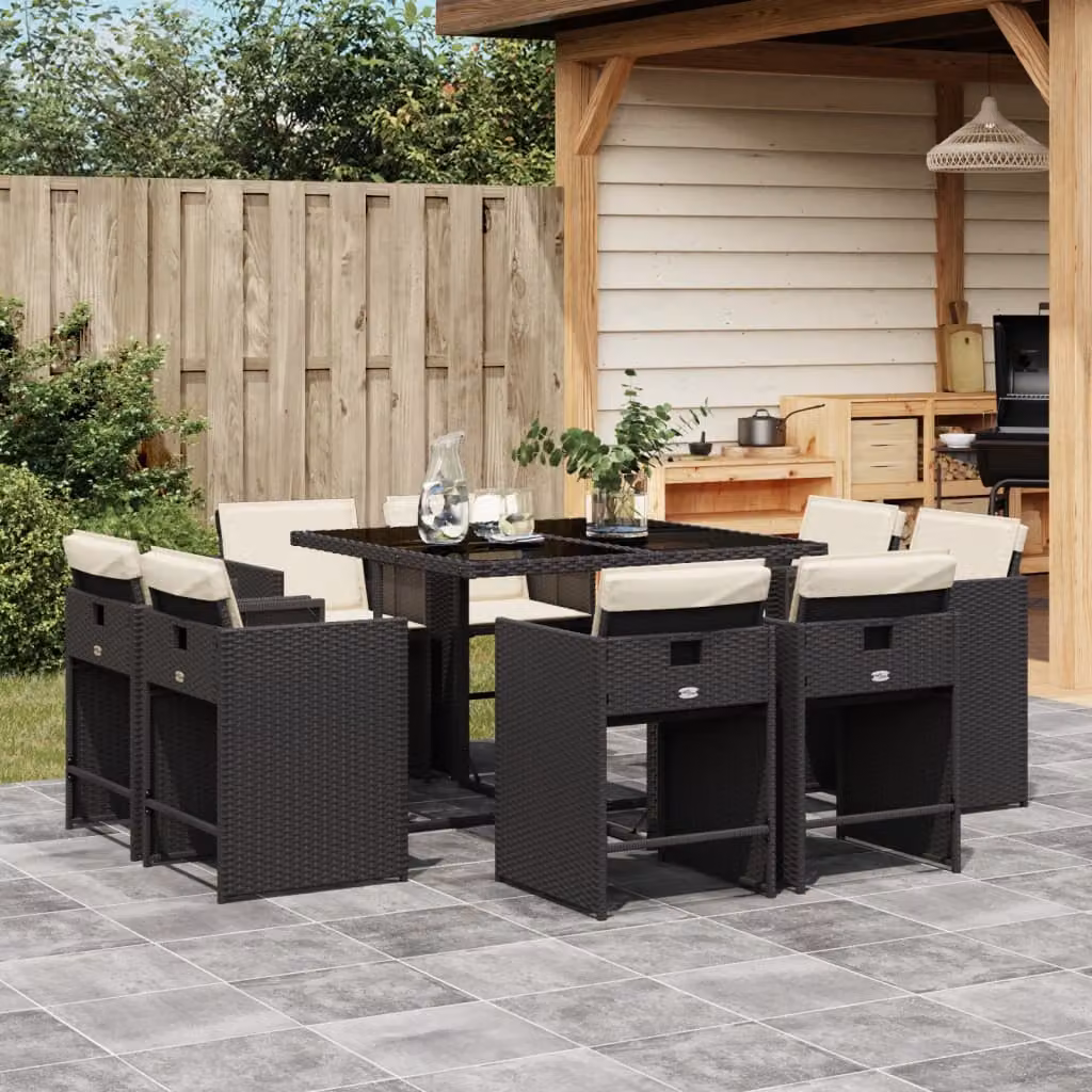 Set da pranzo da giardino vidaXL in polyrattan nero con cuscini e piano in vetro per terrazzo o giardino – 1