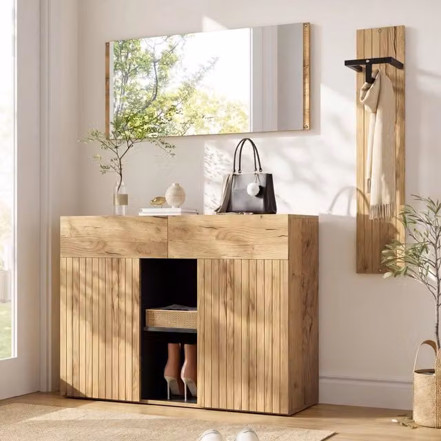 Mobile ingresso con 2 ante, 2 cassetti, specchio e appendiabiti con ripiani regolabili, nero e naturale, 125×35×178 cm