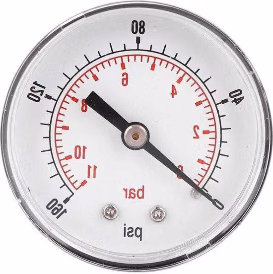 Manometro assiale a cilindro da 50 mm per aria, acqua, olio e gas con indicatore (0-160 psi, 0-11 bar)