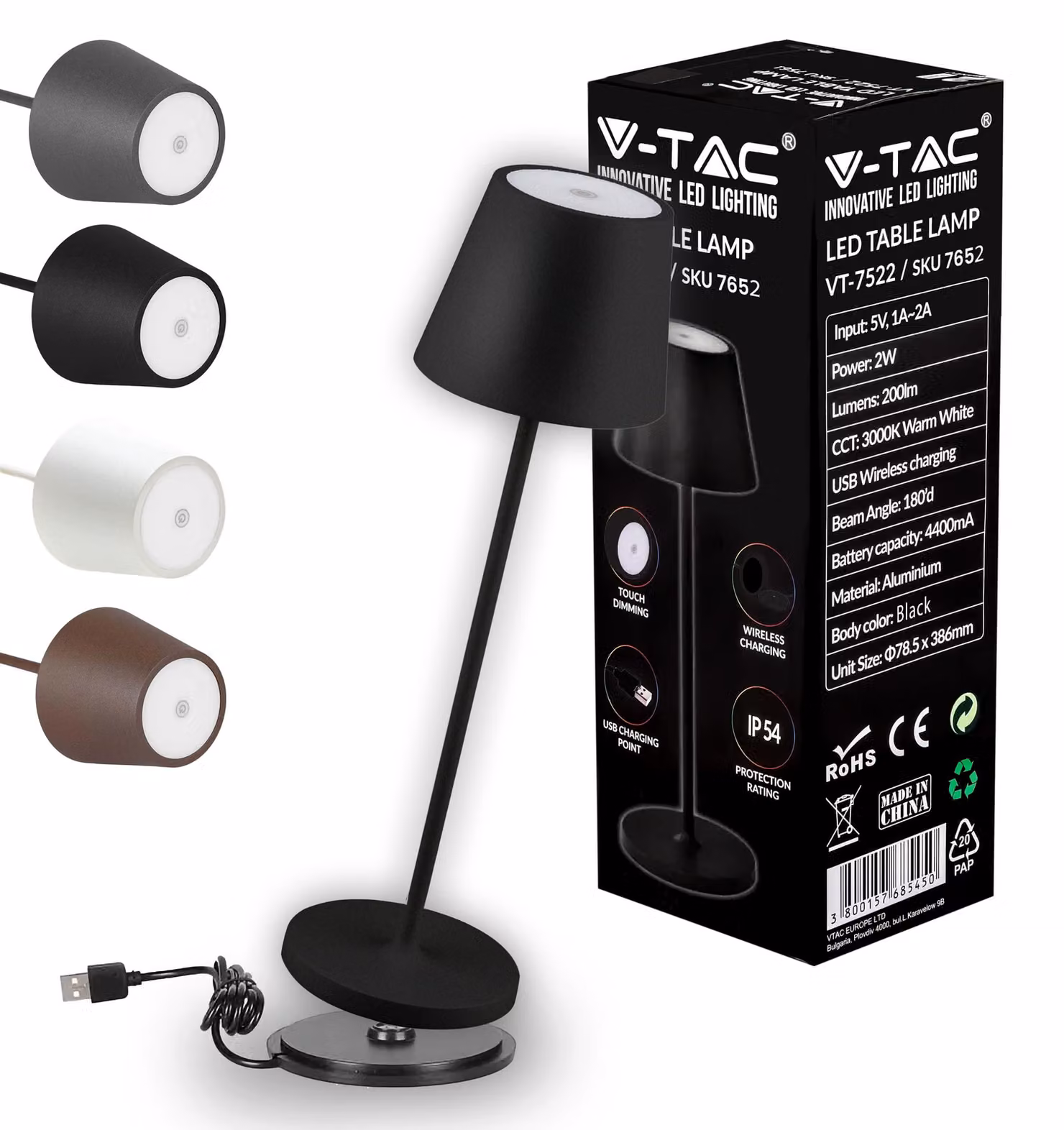 Lampada da tavolo LED dimmerabile V-TAC, senza fili, con controllo touch – Ricaricabile, colore nero. Lampada per interni ed esterni – Adatta per esterni, grado di protezione IP54 – Ideale per casa e ristoranti. Batteria da 4400 mAh – Luce bianco caldo 30
