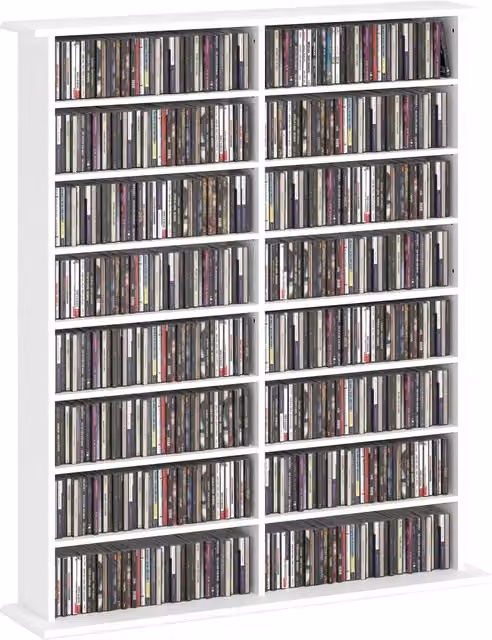 Libreria per CD e DVD Zephmum bianca con 16 scomparti e 12 ripiani regolabili