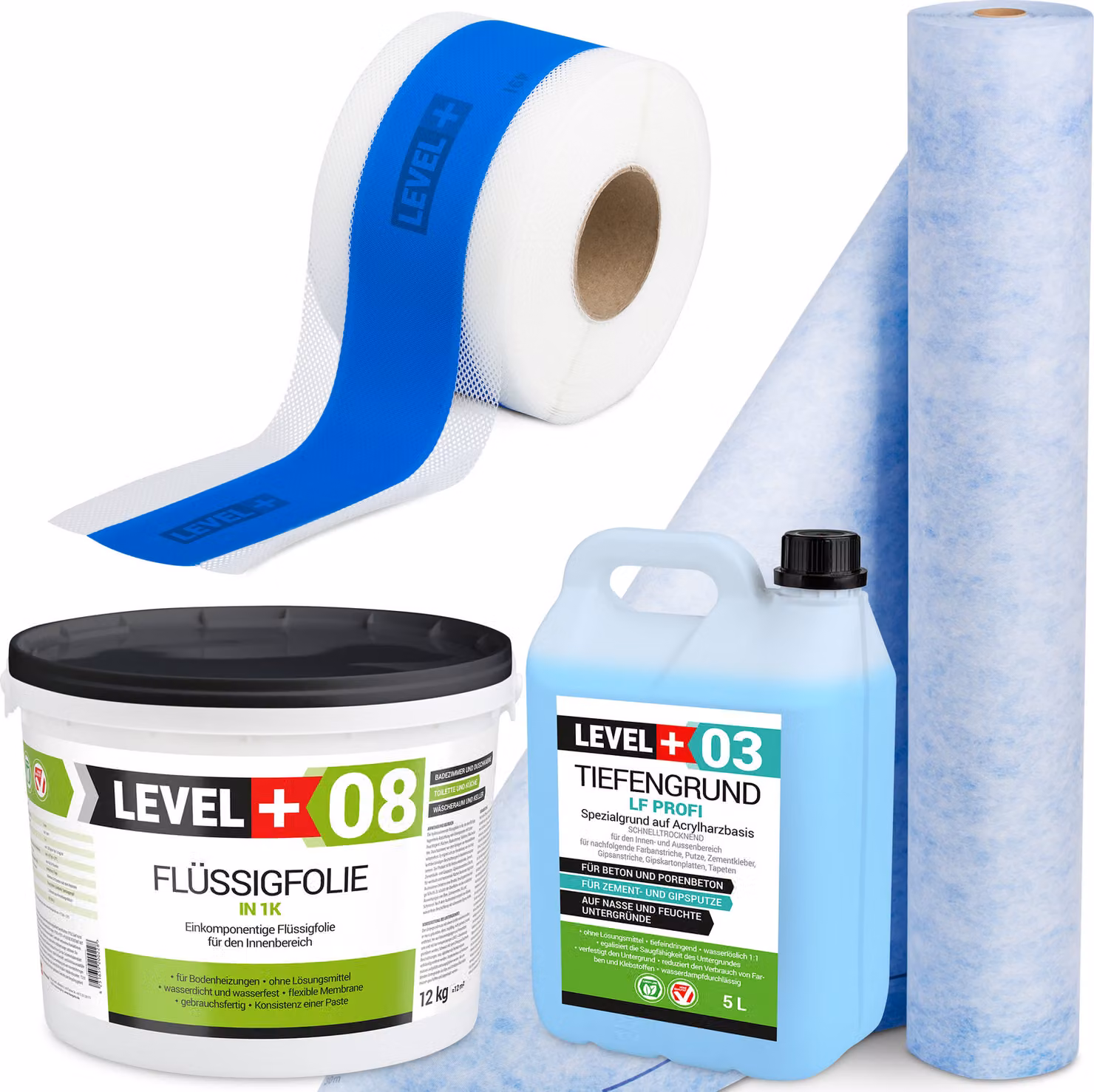 Kit impermeabilizzante: Membrana liquida 12 kg, Nastro sigillante 15 m, Tappetino 2 m, Primer - Box doccia per bagno - LEVEL+ SET312