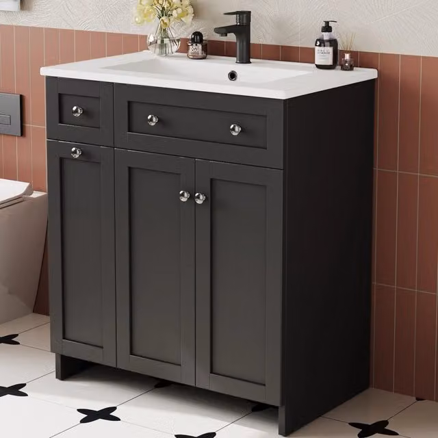Mobile sottolavabo da bagno con lavabo in ceramica, 1 anta e 3 cassetti, finitura laccata, nero, 76 × 47 × 86 cm
