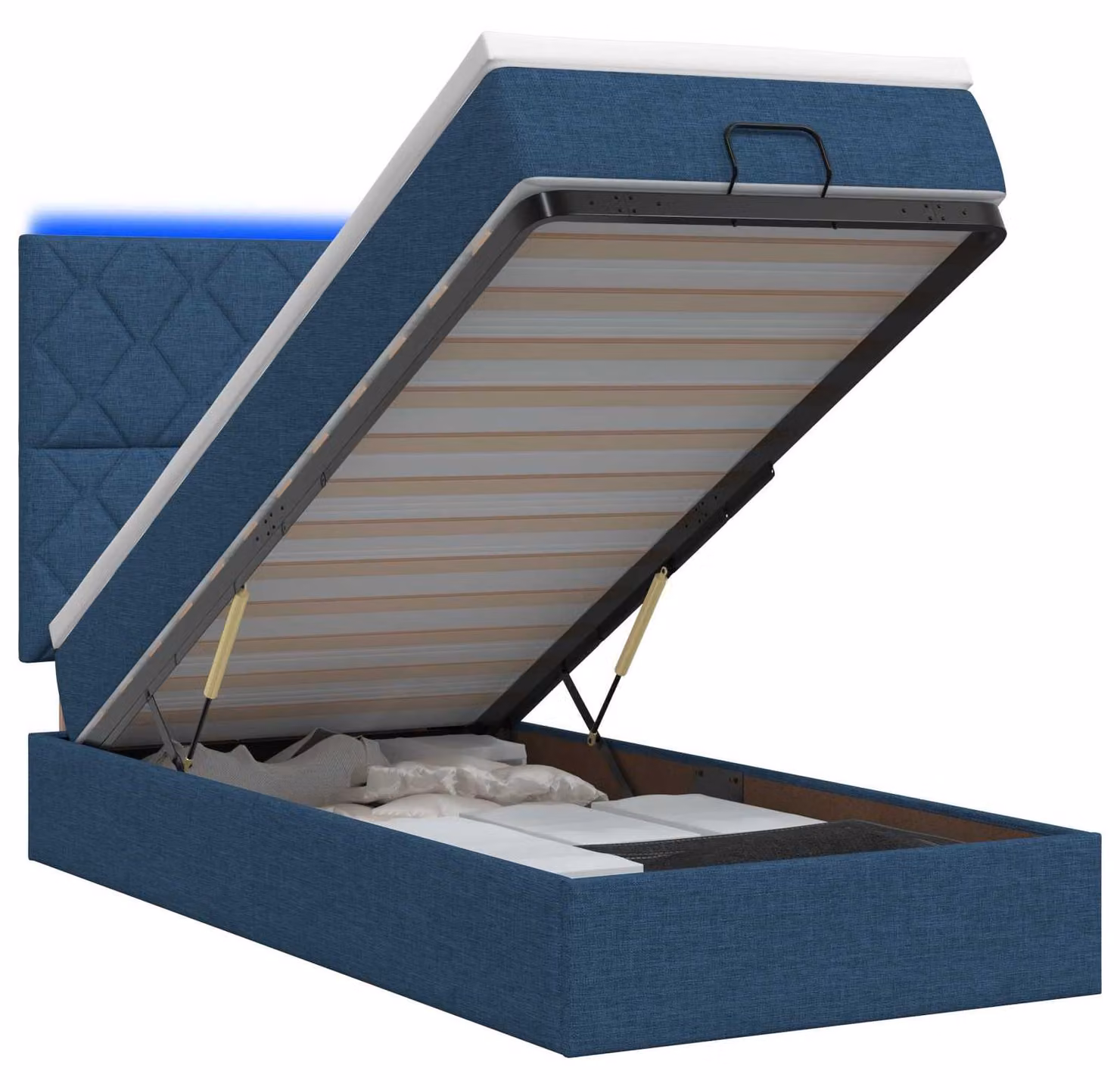 Panca contenitore con materasso e illuminazione LED blu, 80 x 200 cm, rivestita in tessuto