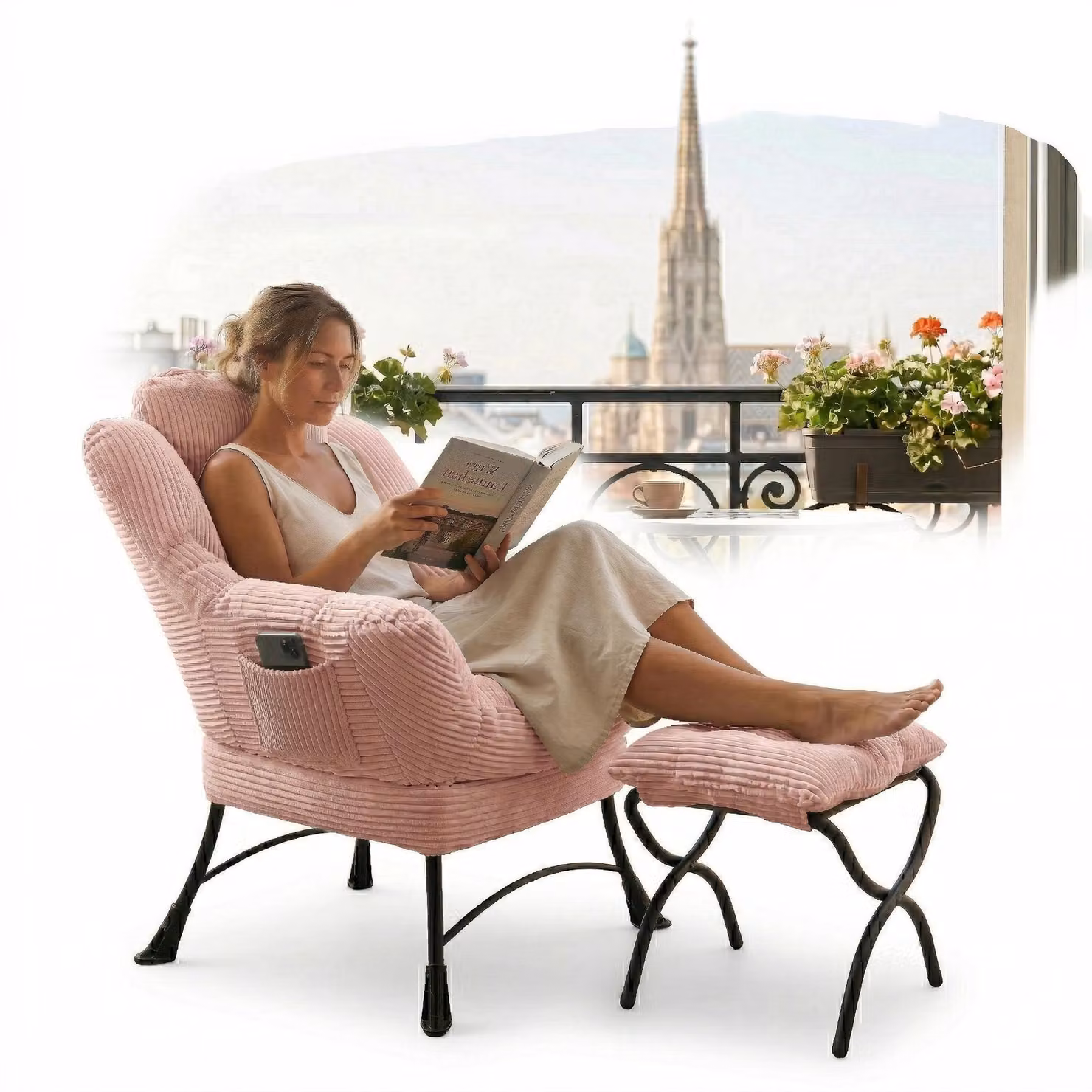 LVHOM poltrona reclinabile con sgabello, poltrona TV poltrona da lettura con tasca laterale, copertura in corda, portata fino a 180 kg, rosa