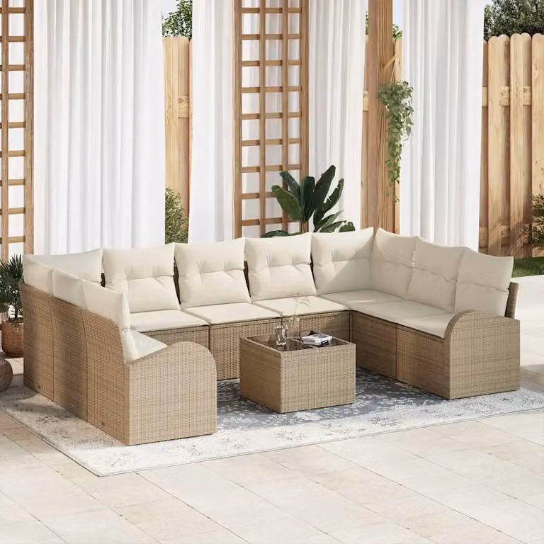 Set Divano da Giardino vidaXL 10 Pezzi Moderno in Polyrattan con Cuscini Beige e Bianco