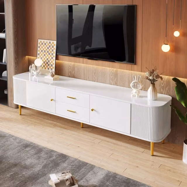 Mobile TV moderno REDOM in MDF bianco e oro con 2 cassetti e 2 ante, L 170 cm x P 34 cm x H 45 cm