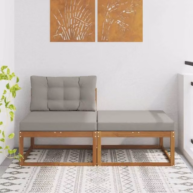 Divano componibile da giardino a L con cuscini DESIGN IN in legno di acacia, colore marrone e grigio