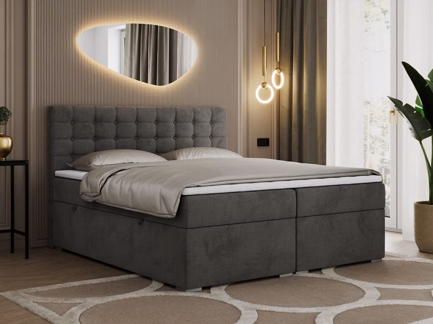 Letto boxspring 200x200 con contenitore, letto 200x200 con materasso e topper - SUSAN - 200x200 - Grigio scuro - Velvet - H3