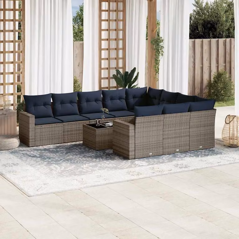 vidaXL Set Divani da Giardino 11 pz in Polyrattan Grigio con Cuscini e Tavolino da Esterno a Forma di L