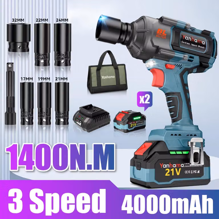 Set di chiavi a percussione a batteria Accu - 21V - Include due batterie, caricabatterie e adattatori