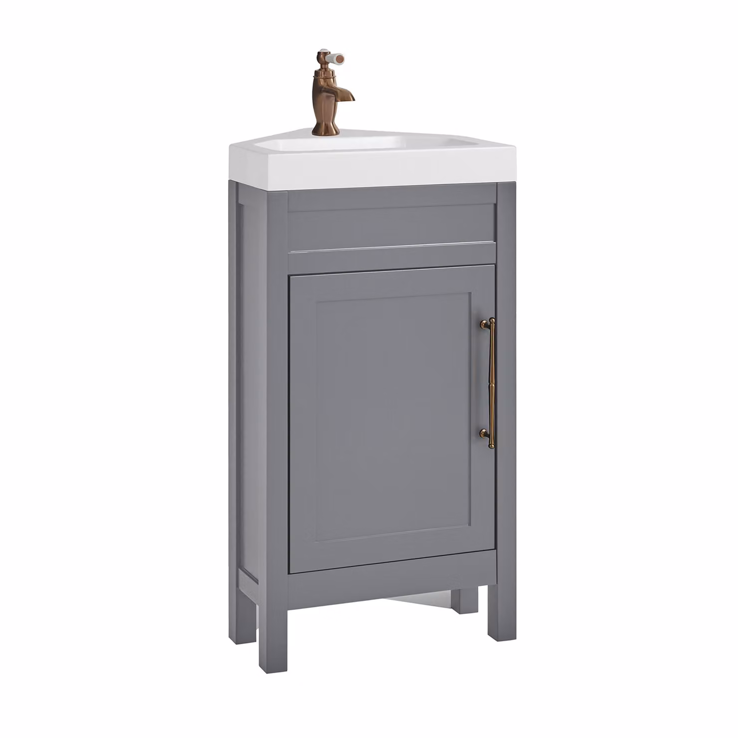 Mobile Bagno Angolare Grigio Chiaro da 450mm con Lavabo e Maniglia Classica con Barra a T in in Rame Satinato - Warwick