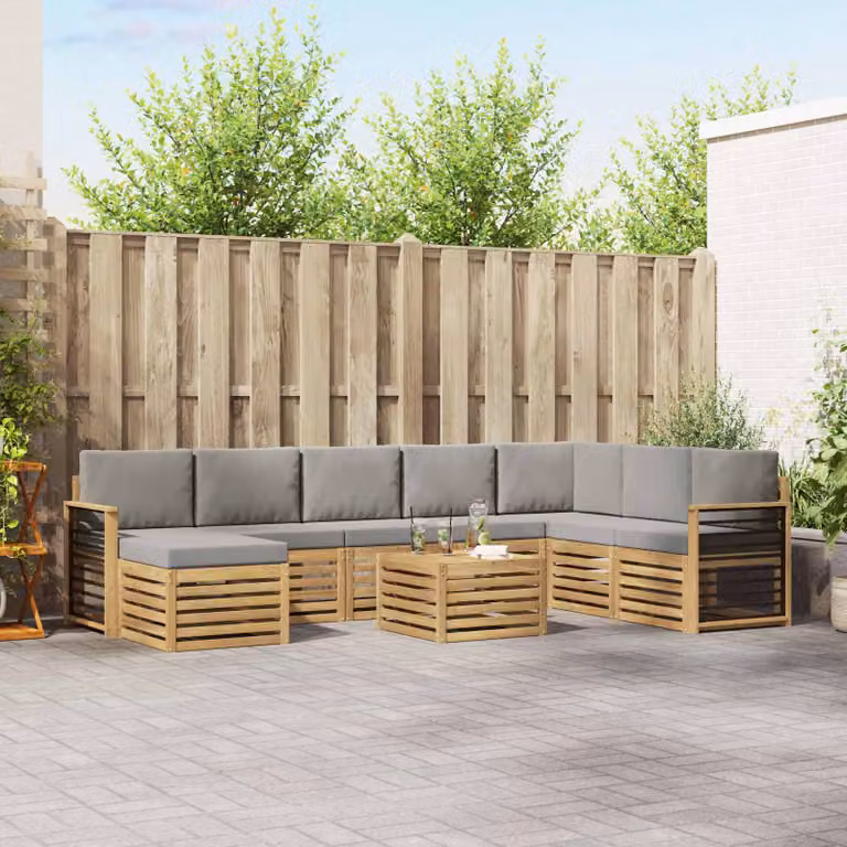 Set di divani da esterno vidaXL 9 pz in legno di acacia con cuscini, colore bianco, grigio e marrone