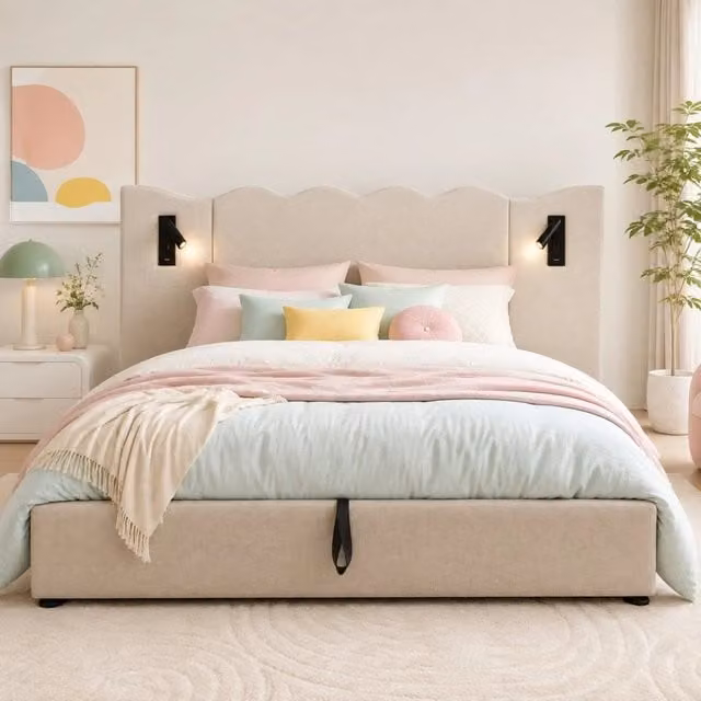 Letto matrimoniale imbottito 180x200 cm in lino beige con lampada da lettura e USB-C