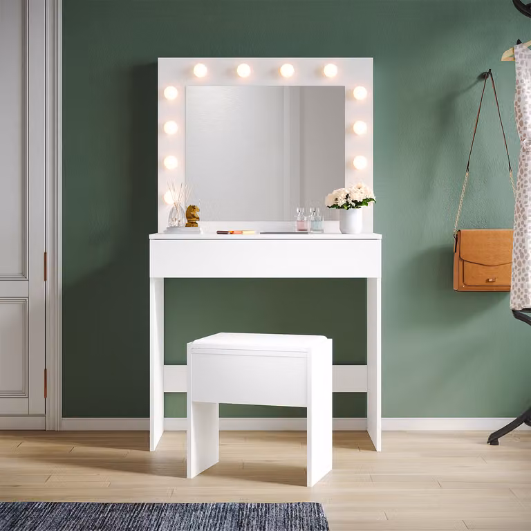 SONNI Tavolino da toilette bianco con sgabello e illuminazione Tavolino da toilette con specchio, con cassetto, 80x40x140cm