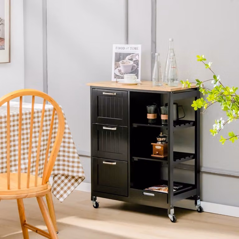 Isola da cucina su ruote Costway con 3 cassetti e vassoio rimovibile, carrello di servizio moderno in legno nero