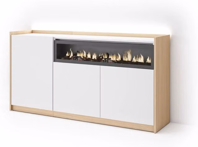Credenza, Mobile, Cucina, 156x80x37 cm, 3 Porte, Camino elettrico, LED, Bianco e Rovere soft