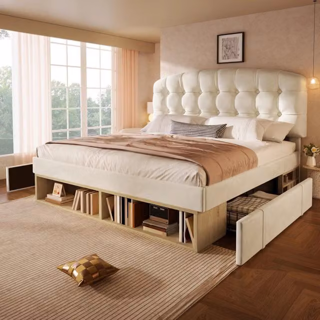Letto matrimoniale 140x190 cm, rivestimento in velluto, testiera regolabile, 2 cassetti, beige