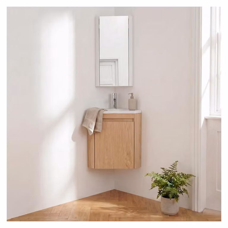 Set lavamani d'angolo sospeso, lavabo, rubinetto e pensile LISA
