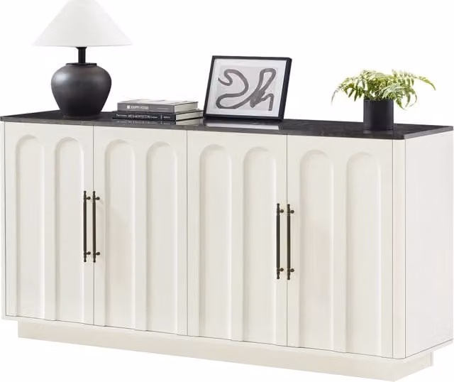 Madia moderna con 4 ante e ripiani con chiusura ammortizzata in MDF per soggiorno o sala da pranzo, bianco e nero, L 160 cm x P 40 cm x H 80 cm