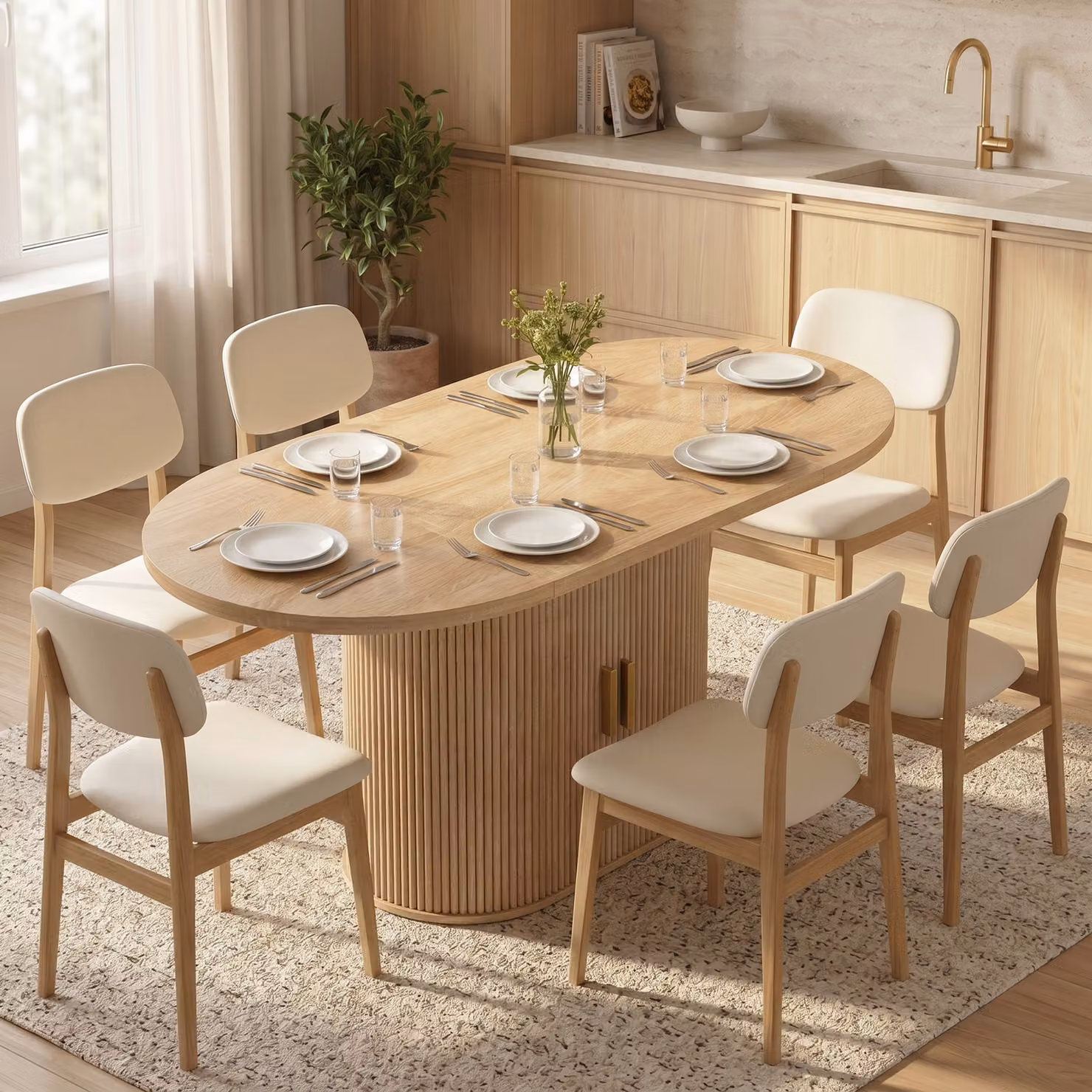 Tavolo da pranzo ovale HOMCOM in rovere con ante scorrevoli e 6 scomparti per 6 persone, stile moderno color marrone e oro – 2