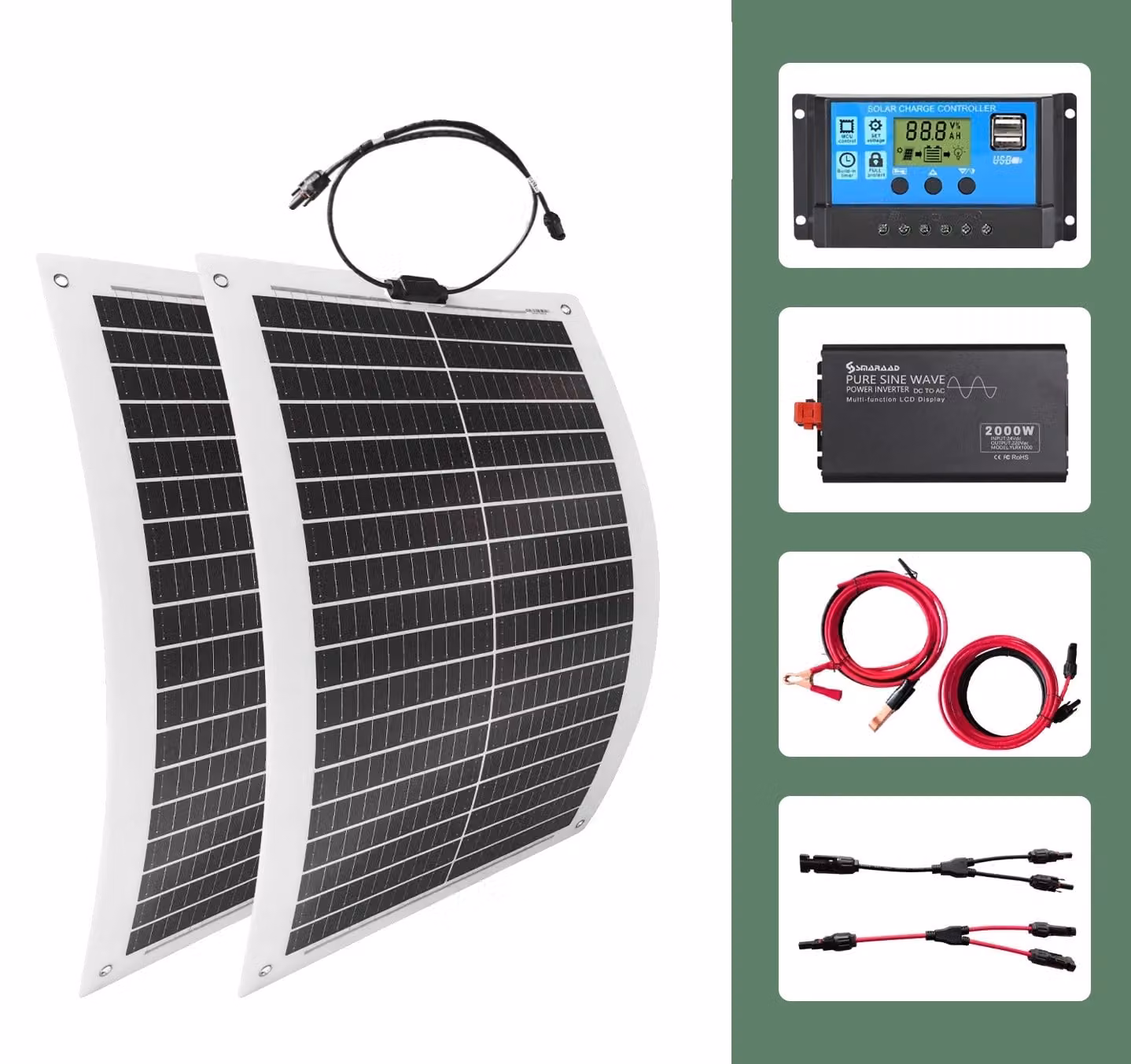 Kit di pannelli solari da 2000W, alta efficienza, installazione flessibile, composto da 4 pezzi con inverter