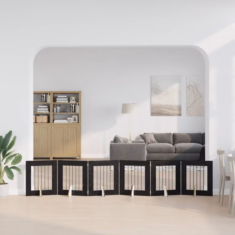 Cancello per cani pieghevole vidaXL con 6 supporti, colore nero e finitura rovere