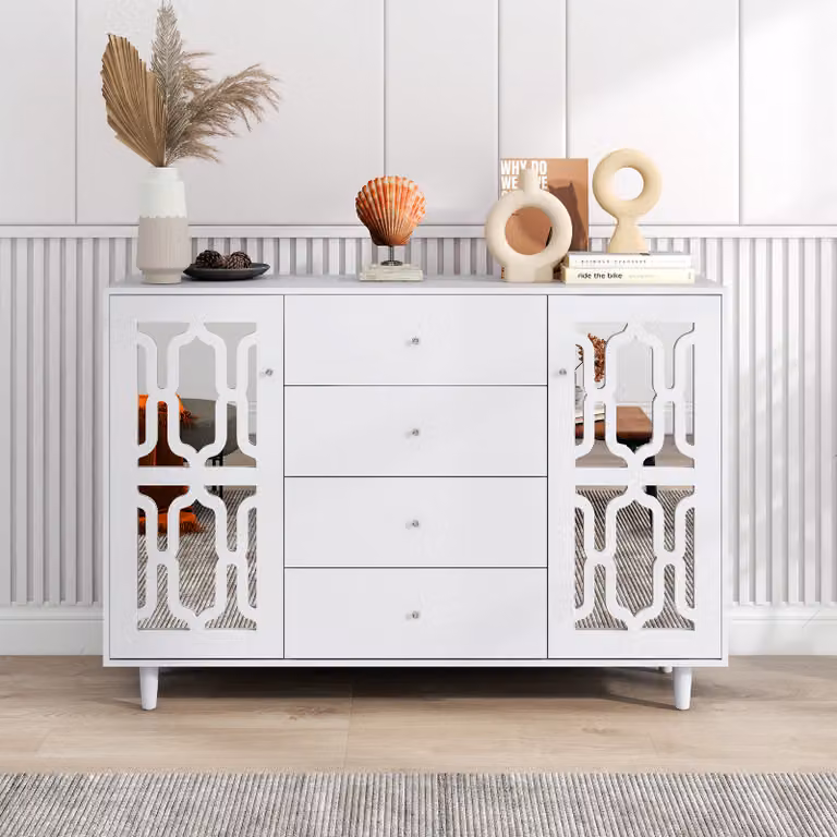 Credenza Merax con ante in vetro a specchio e 4 cassetti, credenza in stile country 148x102x40cm, bianco