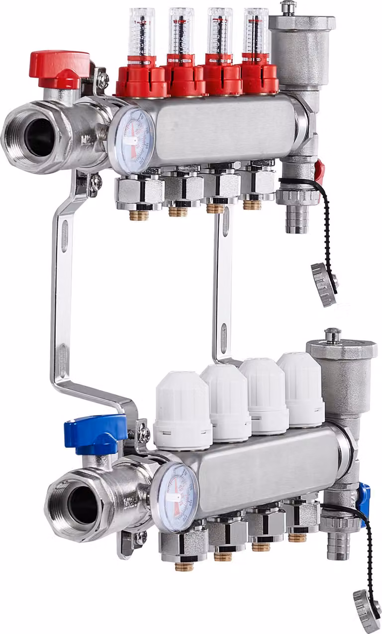 SucceBuy Collettore di distribuzione del calore a 4 rami, collettore per tubi PEX da 1/2 pollice, collettore PEX in acciaio inox per riscaldamento idronico a pavimento, set di collettori PEX di distribuzione del calore con adattatori da 1/2 pollice