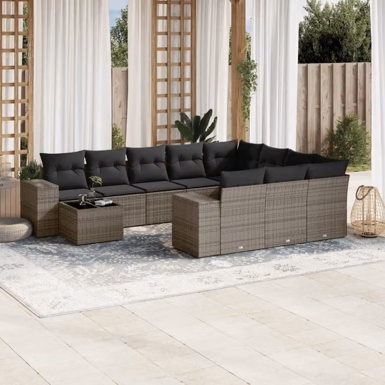 Set di Divani da Giardino vidaXL 11 pz in Polyrattan Grigio con Cuscini e Tavolino da Esterno a Forma di L
