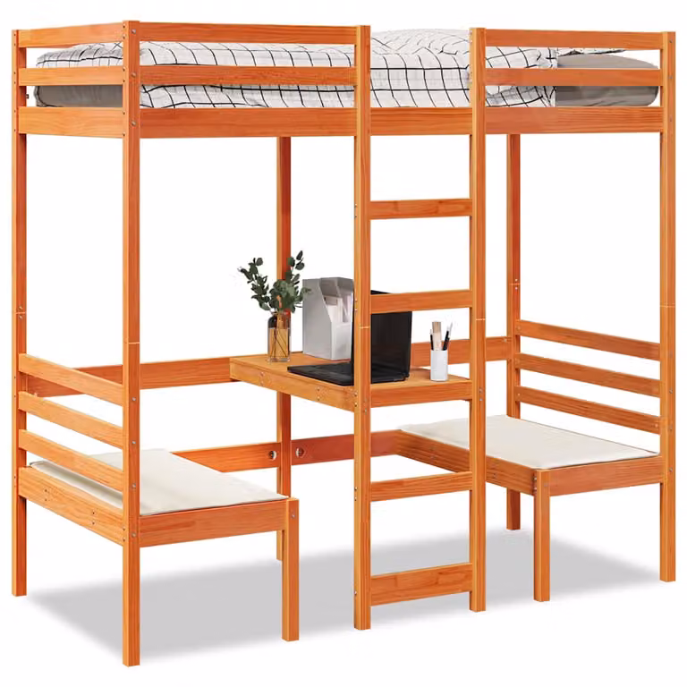 vidaXL Letto a Soppalco in Legno di Pino con Scrivania e Sedie, Marrone Cera, L: 200 cm, P: 80 cm, H: 190,5 cm