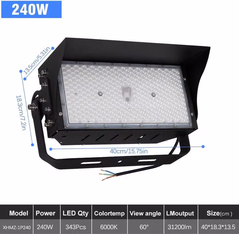 Faro LED per stadi - XHMZ-1P240W - 240W, 150 lm/W - AC 120-277V - 6000K, bianco freddo - Grado di protezione IP65, resistente all'acqua, ideale per parcheggi e gallerie