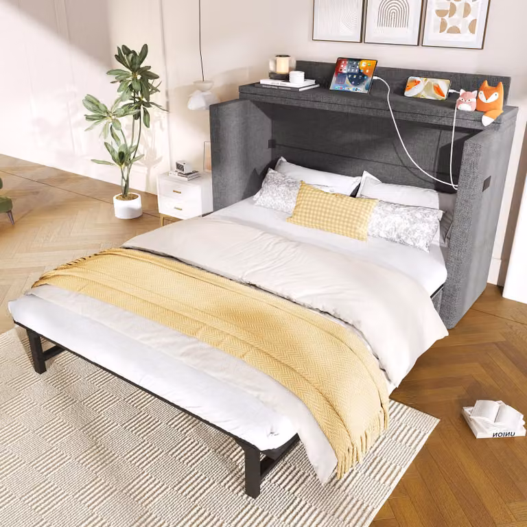 Letto a scomparsa Flieks 140x200cm con connessioni USB e tipo C, letto matrimoniale per ragazzi con cassetto, letto funzionale daybed biancheria, grigio