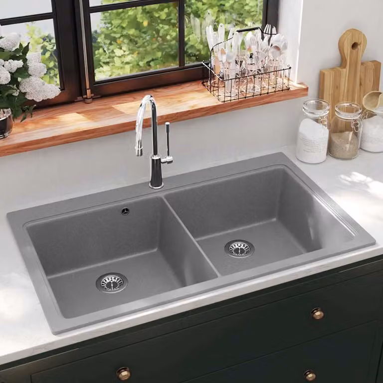 Lavandino da cucina doppio in granito grigio vidaXL L/P/H: 86 x 51 x 20 cm