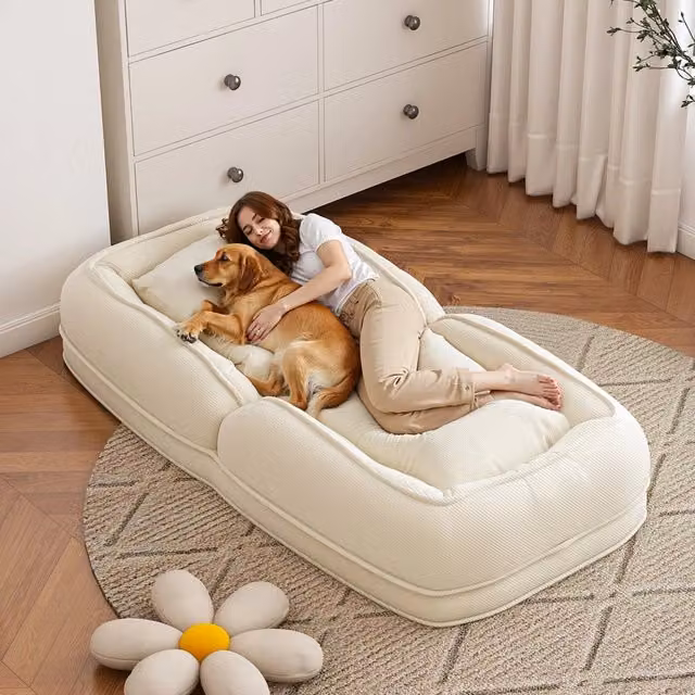 Divano Letto Pieghevole 180×90 cm Regolabile 5 Posizioni 90°-180° con 2 Cuscini; Tessuto a Coste; Crema