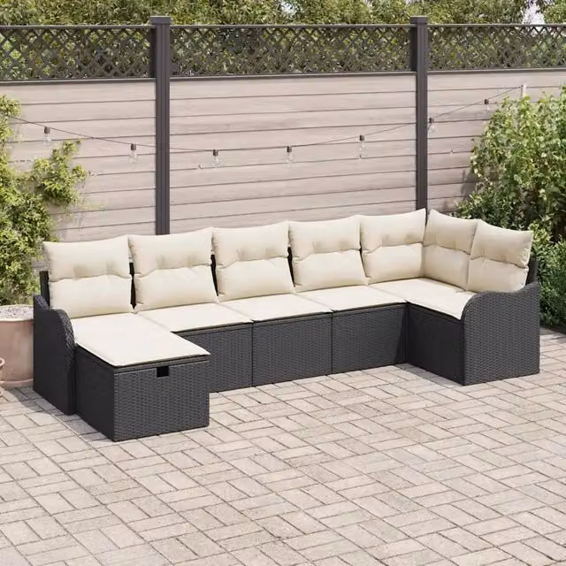 Set di divani 7 pz Nero e Crema polyrattan 3358996